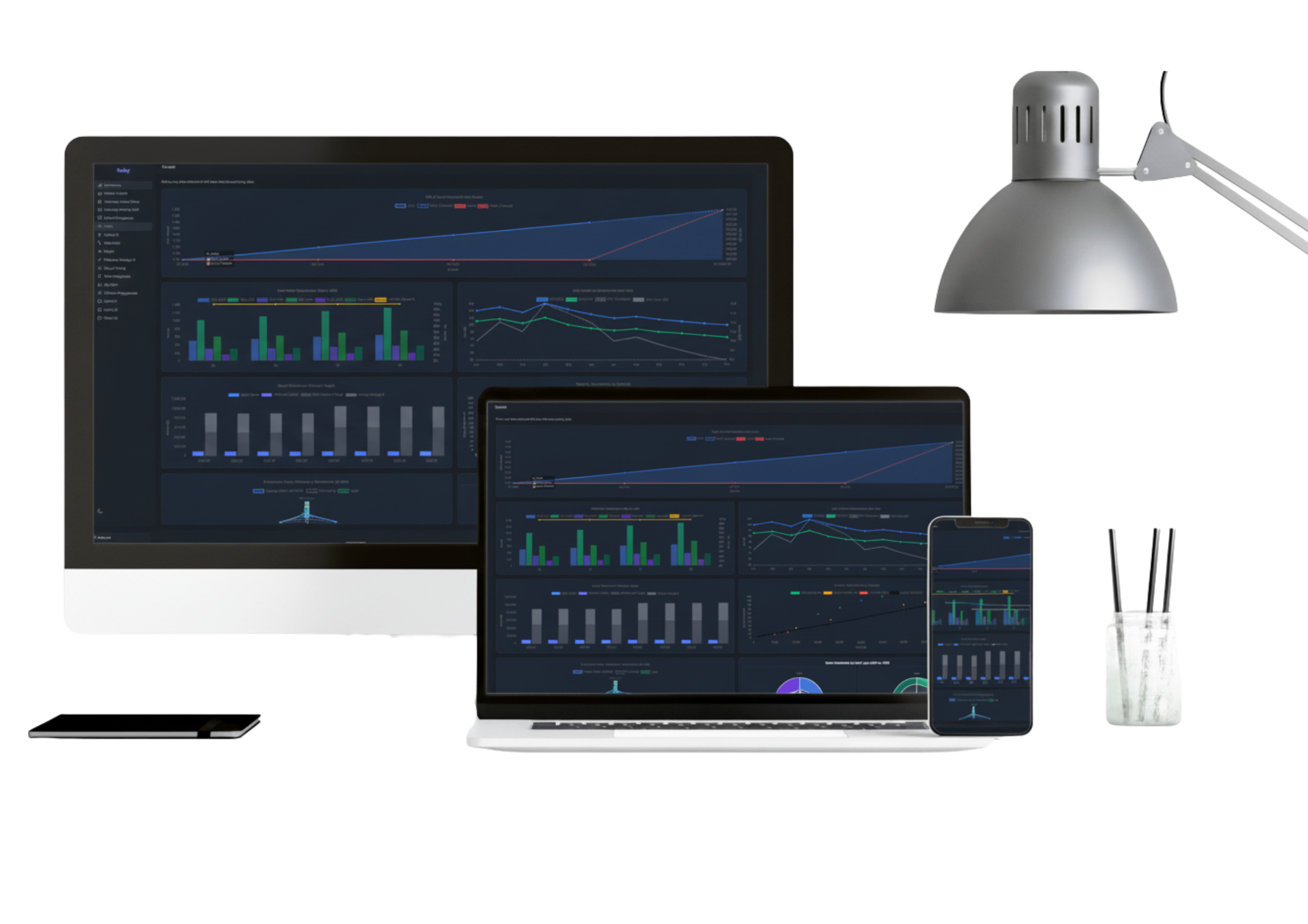 Analytics dashboard displayed across multiple devices showing revenue growth metrics and data visualization